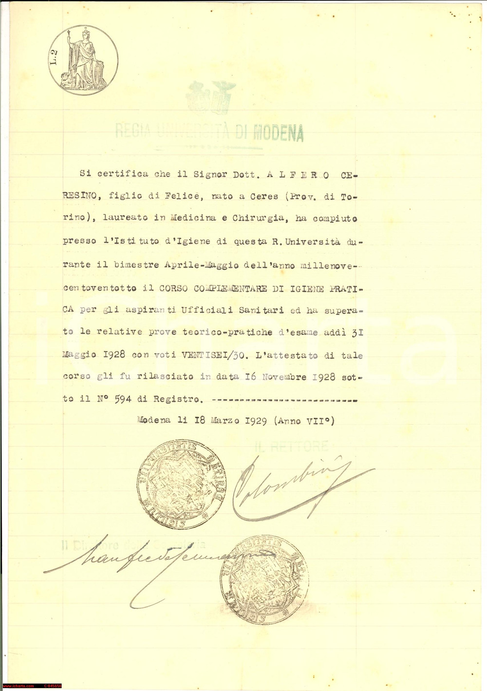Documento originale, autentico 1929 UniversitÃ  MODENA Dott. ALFERO ufficiale sanitario 1