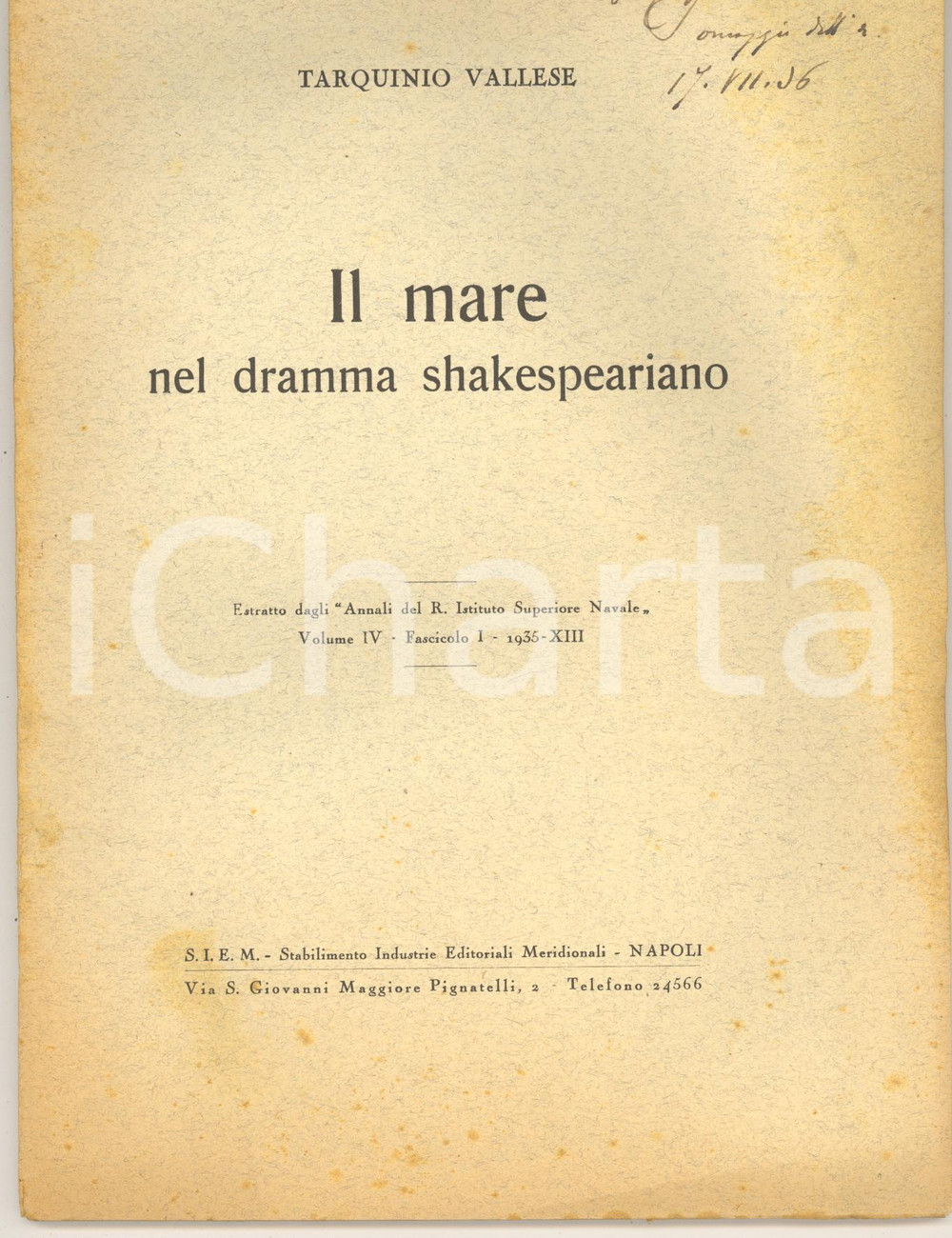 Libro, pubblicazione d epoca 1935 Tarquinio VALLESE Il mare nel dramma shakespeariano  Autografo 1