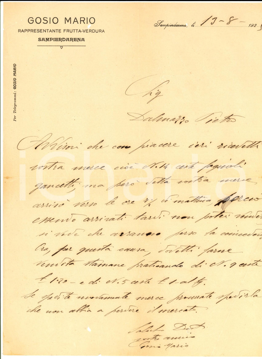 Documento originale, autentico 1925 GENOVA SAMPIERDARENA Mario GOSIO rappresentante frutta su ritardo consegna 1