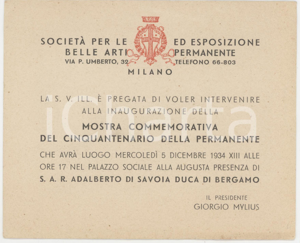 1934 MILANO Mostra del cinquantenario dell'Esposizione Permanente - Invito Tessera d'epoca.  FAIR/discreto Lievi smussature agli angoli, piccole macchie, segni di inchiostro Formato: 14x12 cm originale e autentica 1