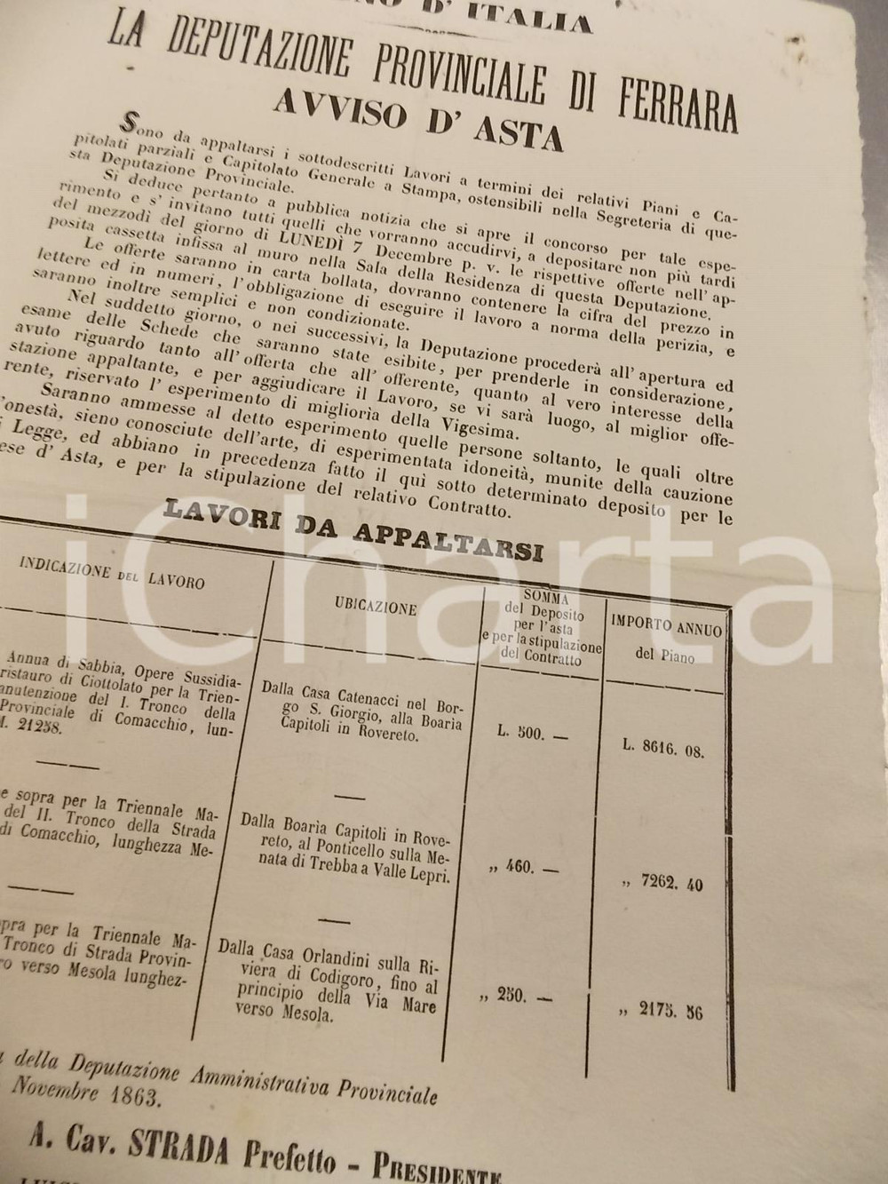 Documento originale, autentico 1863 REGNO D'ITALIA COMACCHIO (FE) Asta lavori strada provinciale *Manifesto 1