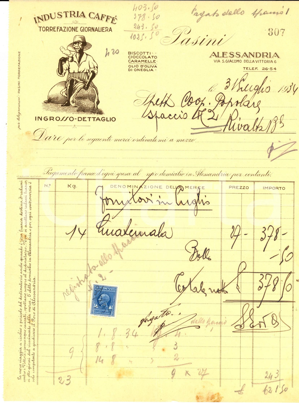 Materiale pubblicitario d’epoca 1934 ALESSANDRIA Industria caffè PASINI torrefazione *Fattura con bolli 1