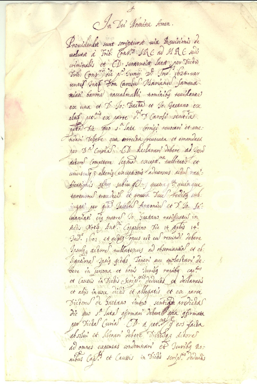 Documento originale, autentico 1629 PALERMO Sentenzia pro don Carlo Mariano SAMMANIATI contro Giovanni GAETANO 1