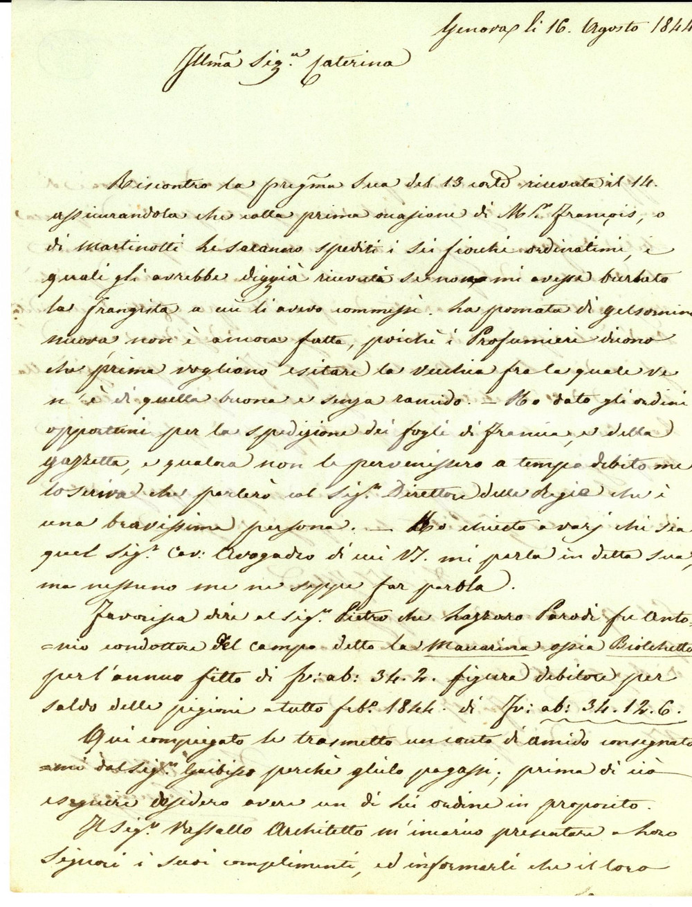 Documento originale, autentico 1841 GENOVA Pomata di gelsomino per marchesa Caterina NEGROTTO CAMBIASO 1