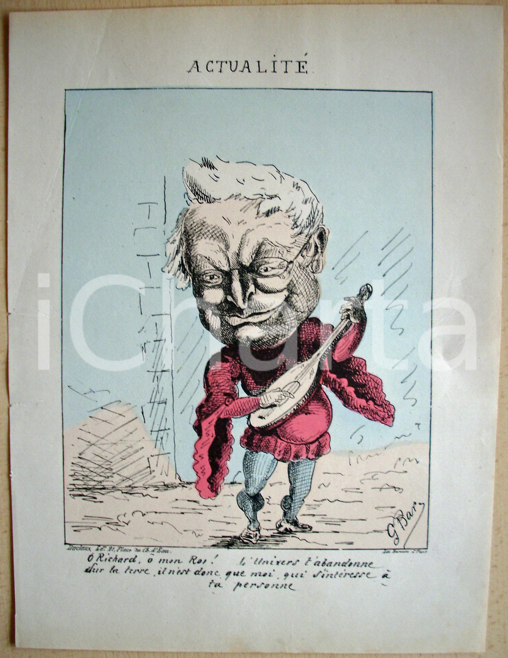 Stampa, bozzetto originale 1871 Caricatura Adolphe THIERS canta una serenata al Re 1