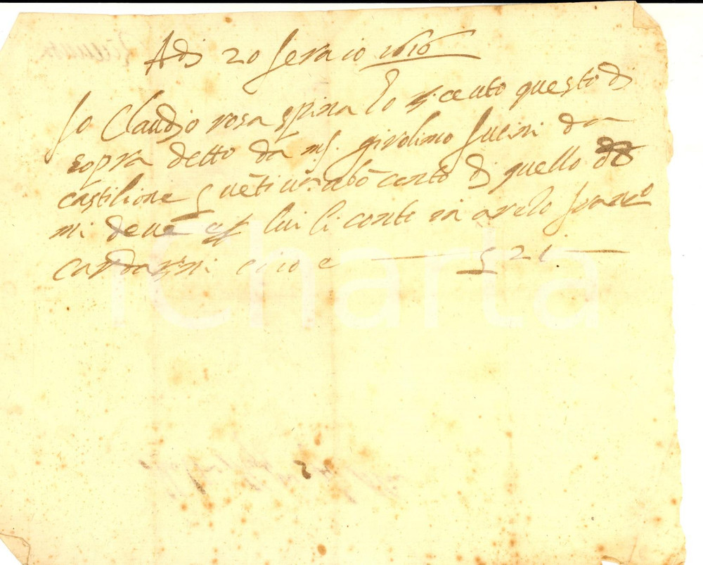 Documento originale, autentico 1616 AREZZO Ricevuta Claudio ROSASPINA per saldo arretrati Manoscritto 1