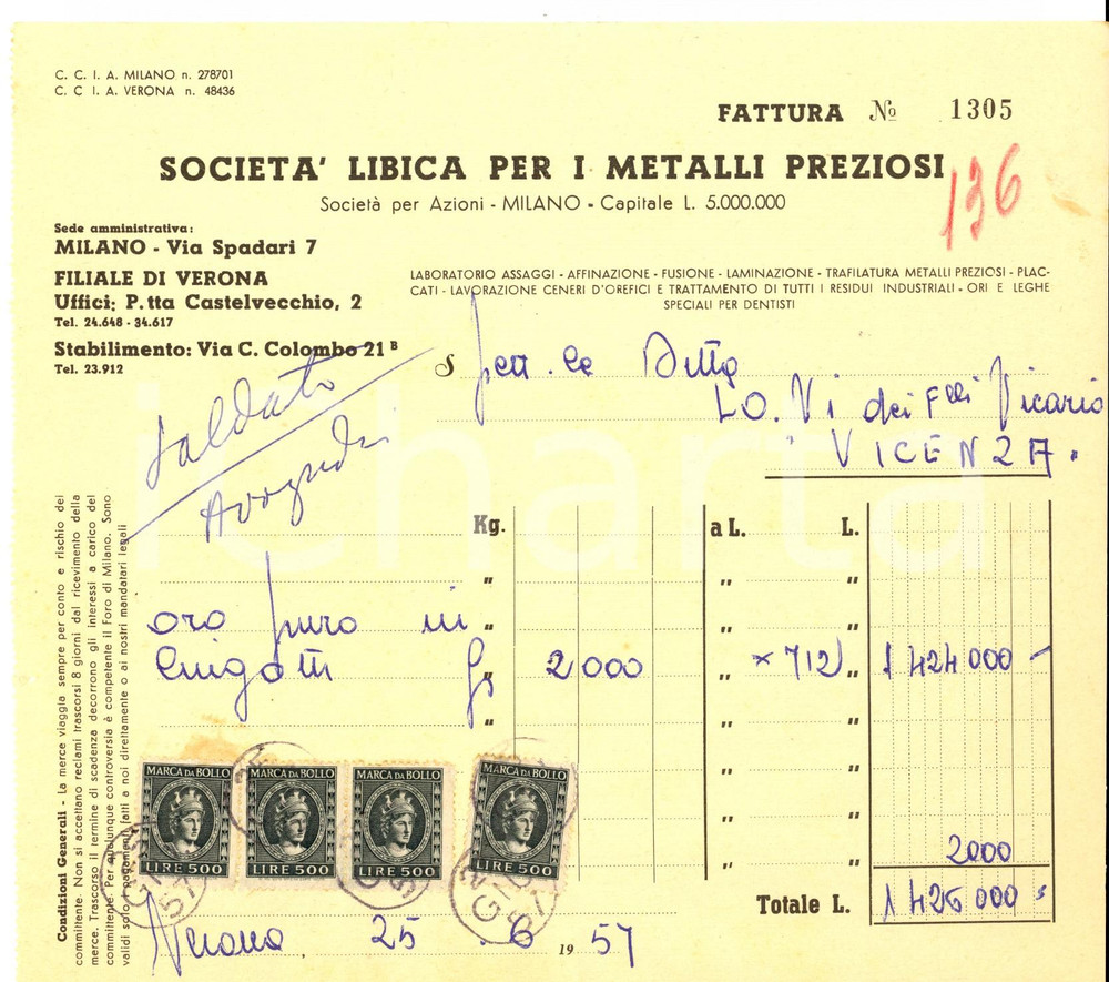Documento originale, autentico 1957 MILANO via Spadari 7  Società Libica per i Metalli Preziosi Fattura 1