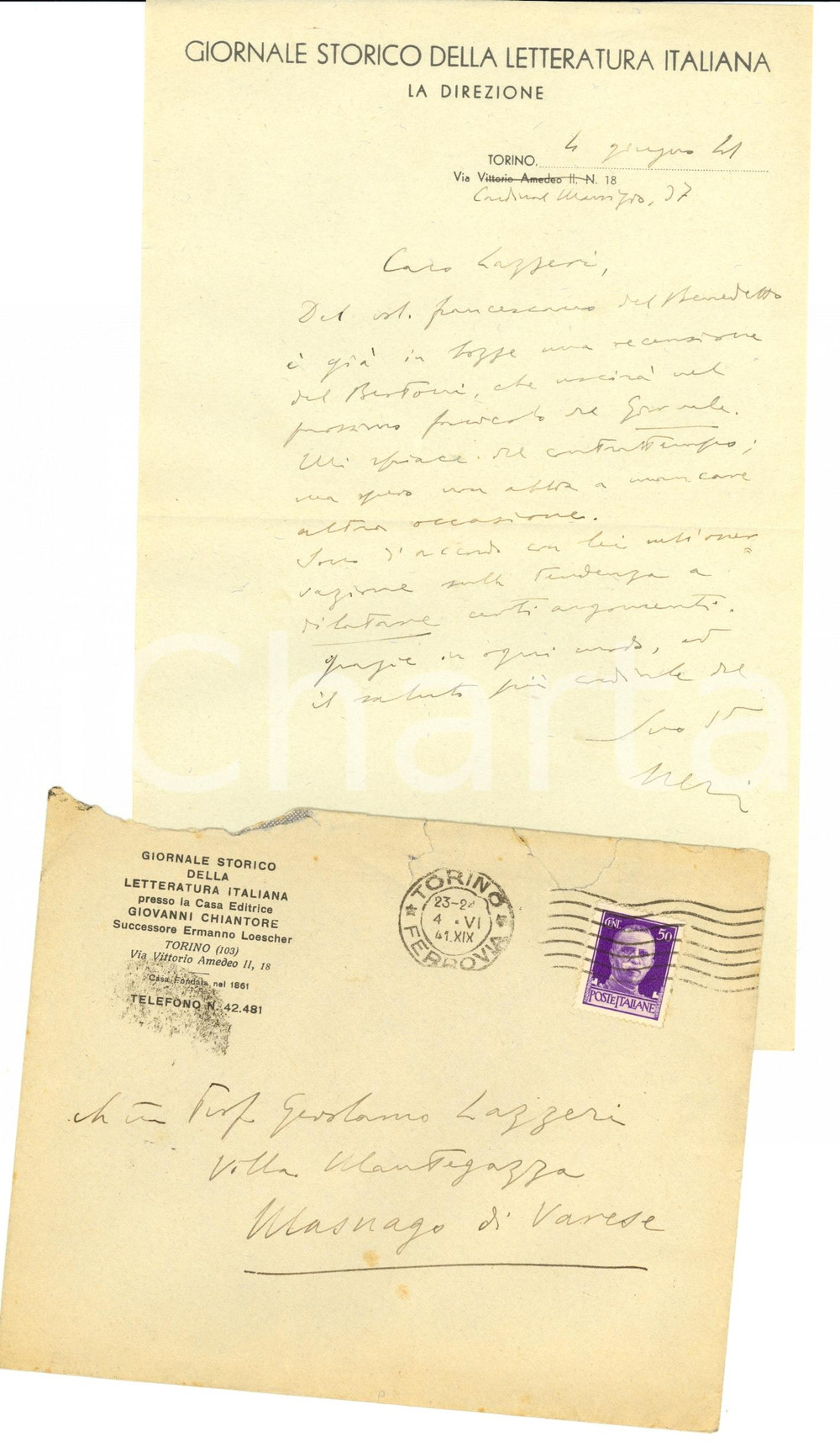 Autografo originale 1941 TORINO Lettera Ferdinando NERI Giornale Storico della Letteratura Italiana 1