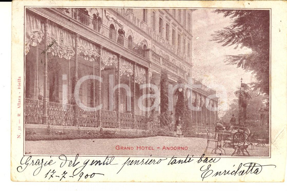 Cartolina originale da collezione 1900 ANDORNO MICCA BI Veduta del GRAND HOTEL Cartolina ILLUSTRATA FP VG 1