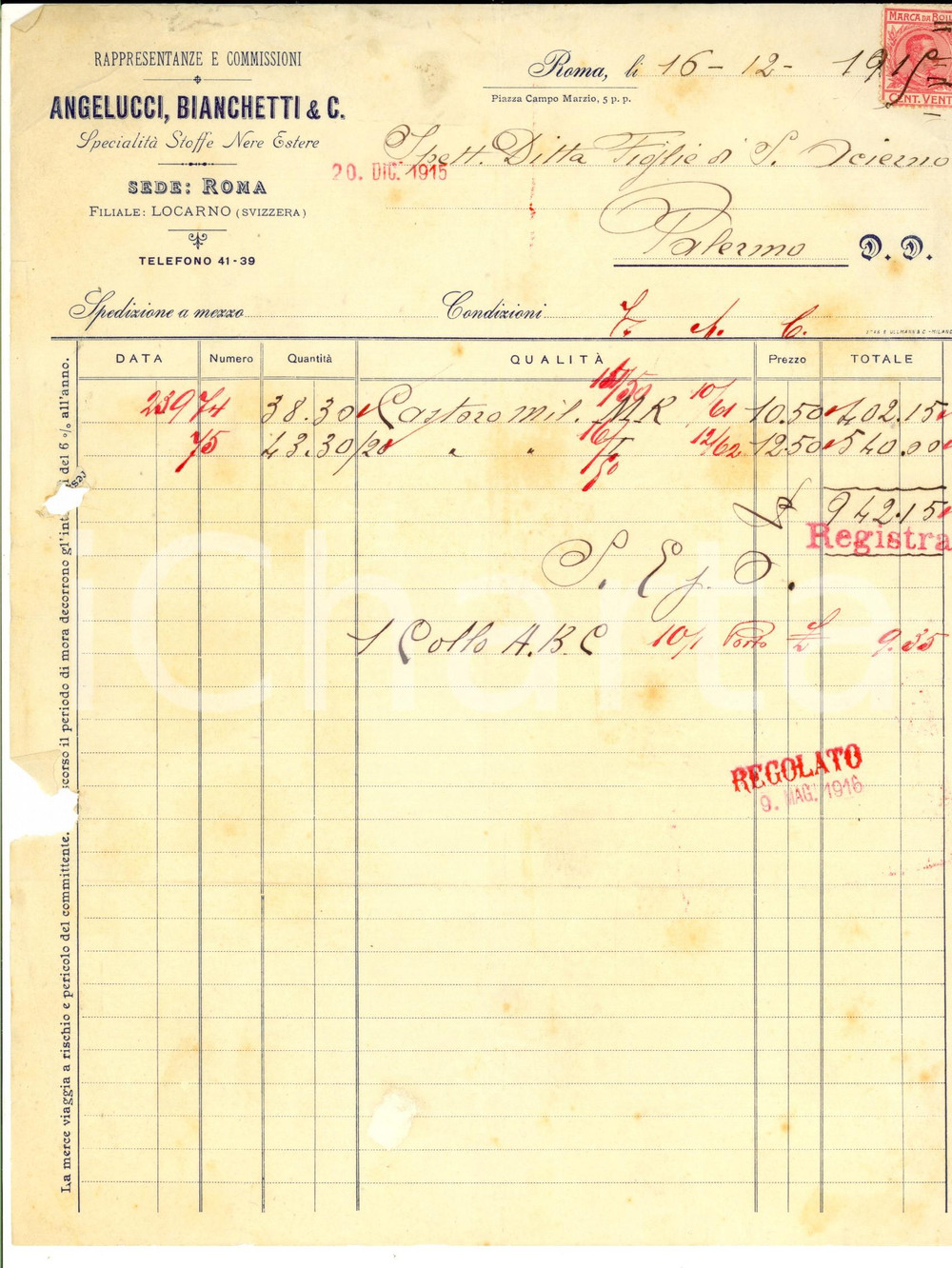 Documento originale, autentico 1915 ROMA Ditta ANGELUCCI, BIANCHETTI & C. Stoffe nere estere Fattura intestata 1