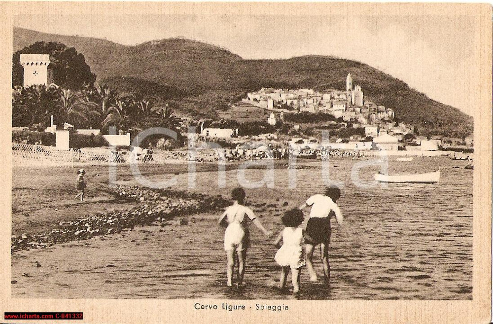 Cartolina originale da collezione 1920 circa CERVO (IM) Veduta dalla spiaggia ANIMATA FP 1