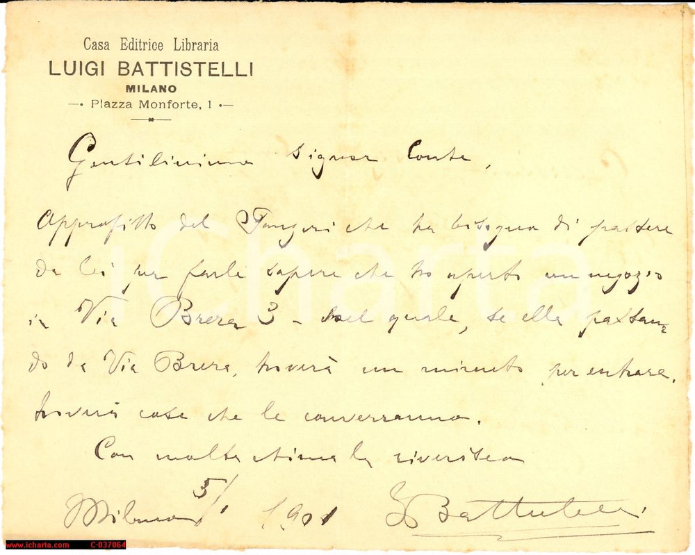 Autografo originale 1901 Milano EDITRICE LUIGI BATTISTELLI manoscritto 1
