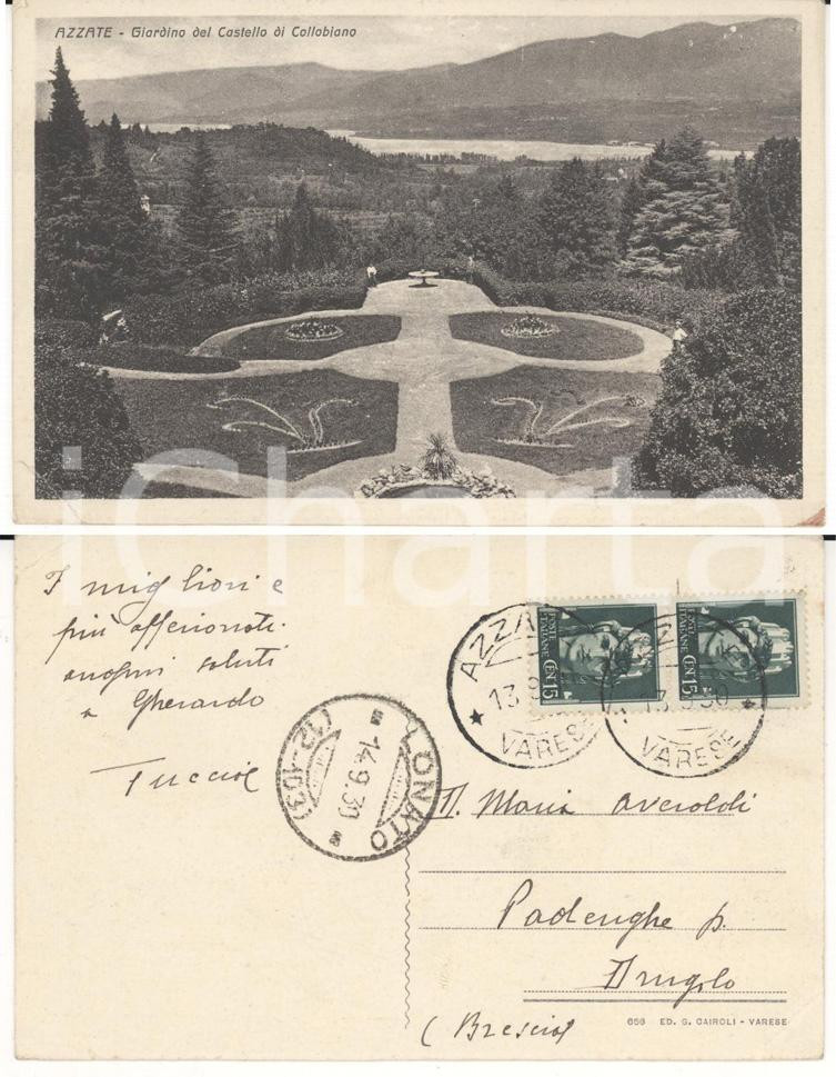 Autografo originale 1930 AZZATE VA Giardino del castello Autografo conte AVOGADRO DI COLLOBIANO 1