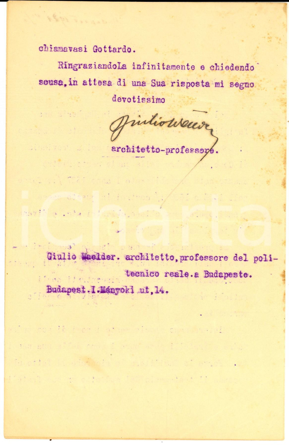 1921 BUDAPEST Architetto Giulio WÄLDER - Ricerca su famiglia SPAZZO *Autografo