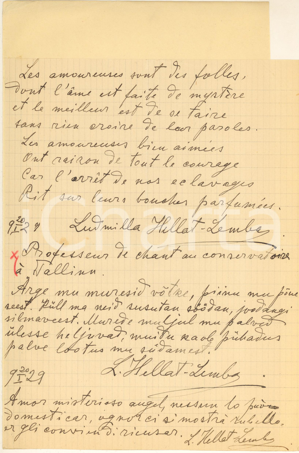 Autografo originale 1920 TALLINN Singer Ludmilla HELLAT-LEMBA - Messages - Autograph 1