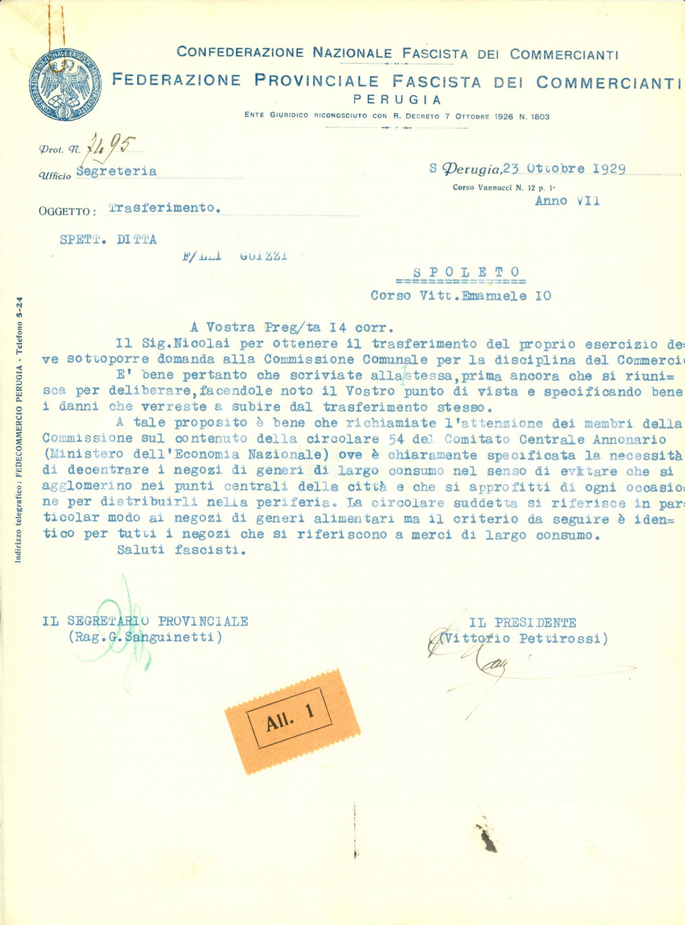 Documento originale, autentico 1929 SPOLETO PG Bisogna spostare i negozi in periferia Federazione Fascista 1