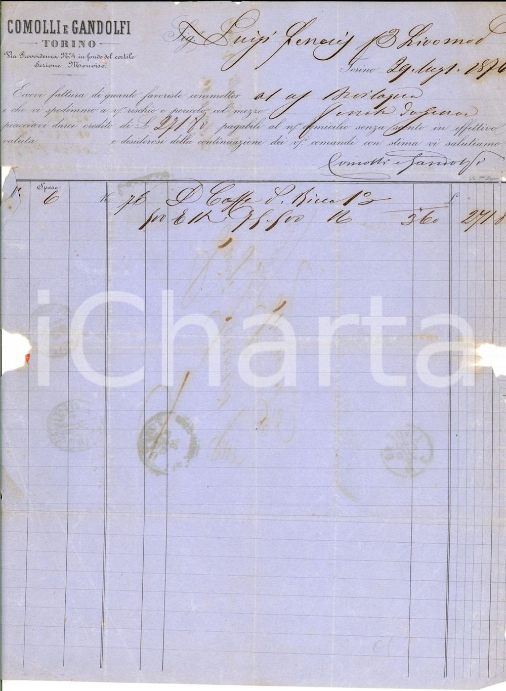 Documento originale, autentico 1876 TORINO Ditta COMOLLI & GANDOLFI Fattura intestata per caffè 1