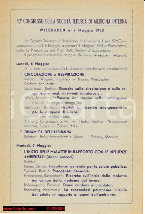 Oggetto da collezione cartaceo 1940 Congresso Società  Tedesca Medicina Interna   Programma Congresso 1
