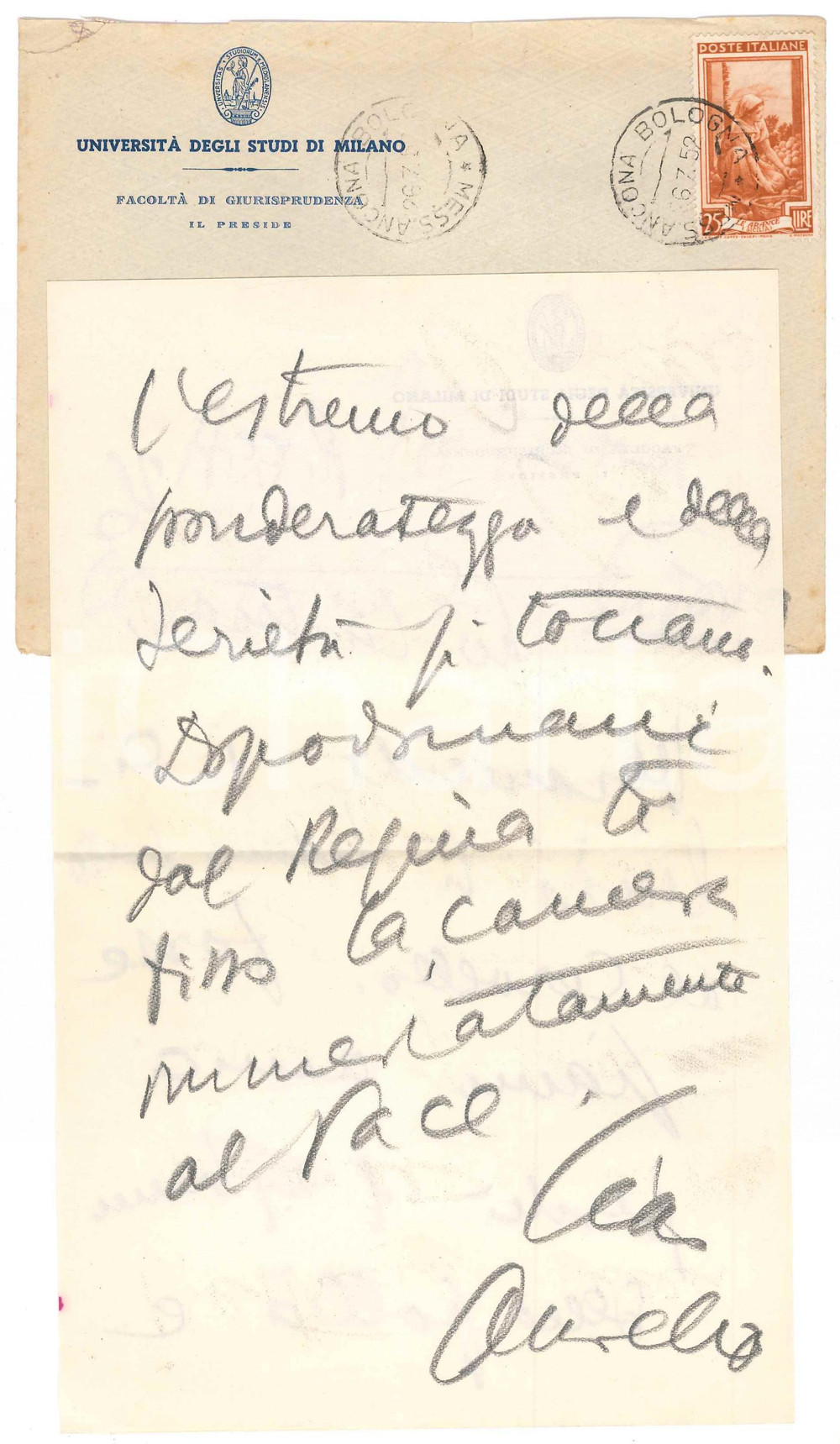 Autografo originale 1959 UniversitÃ  di MILANO Lettera Aurelio CANDIAN a un amico  Autografo 1