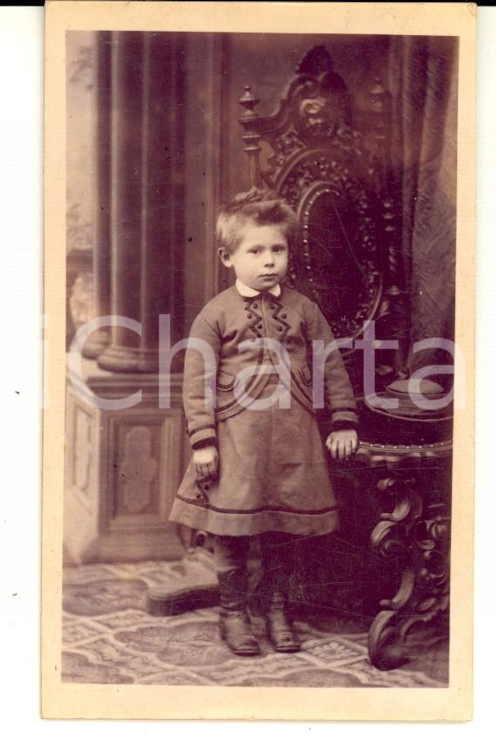 Fotografia d'epoca originale 1880 ca UDINE Ritratto di bambino con la tunica *Foto G. MALIGNANI 1