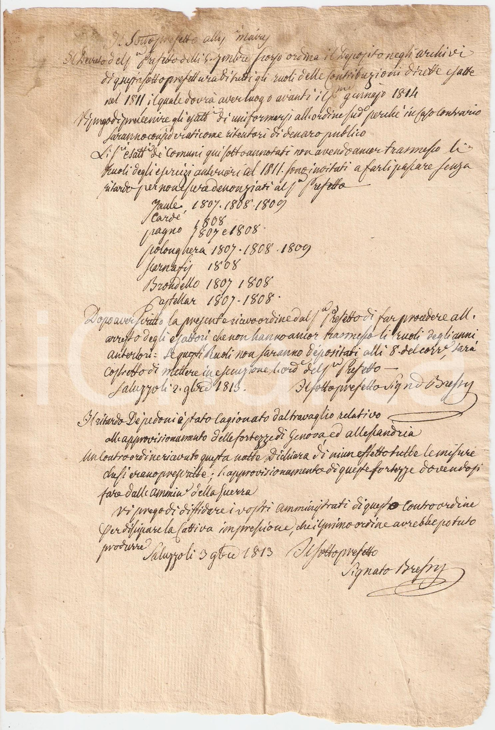 Documento originale, autentico 1813 SALUZZO (CN) Ritardi per rifornire le fortezze 1