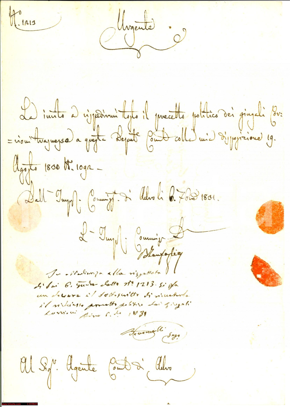 Documento originale, autentico 1831 ADRO (BS) precetto politico coniugi CORRIANI 1