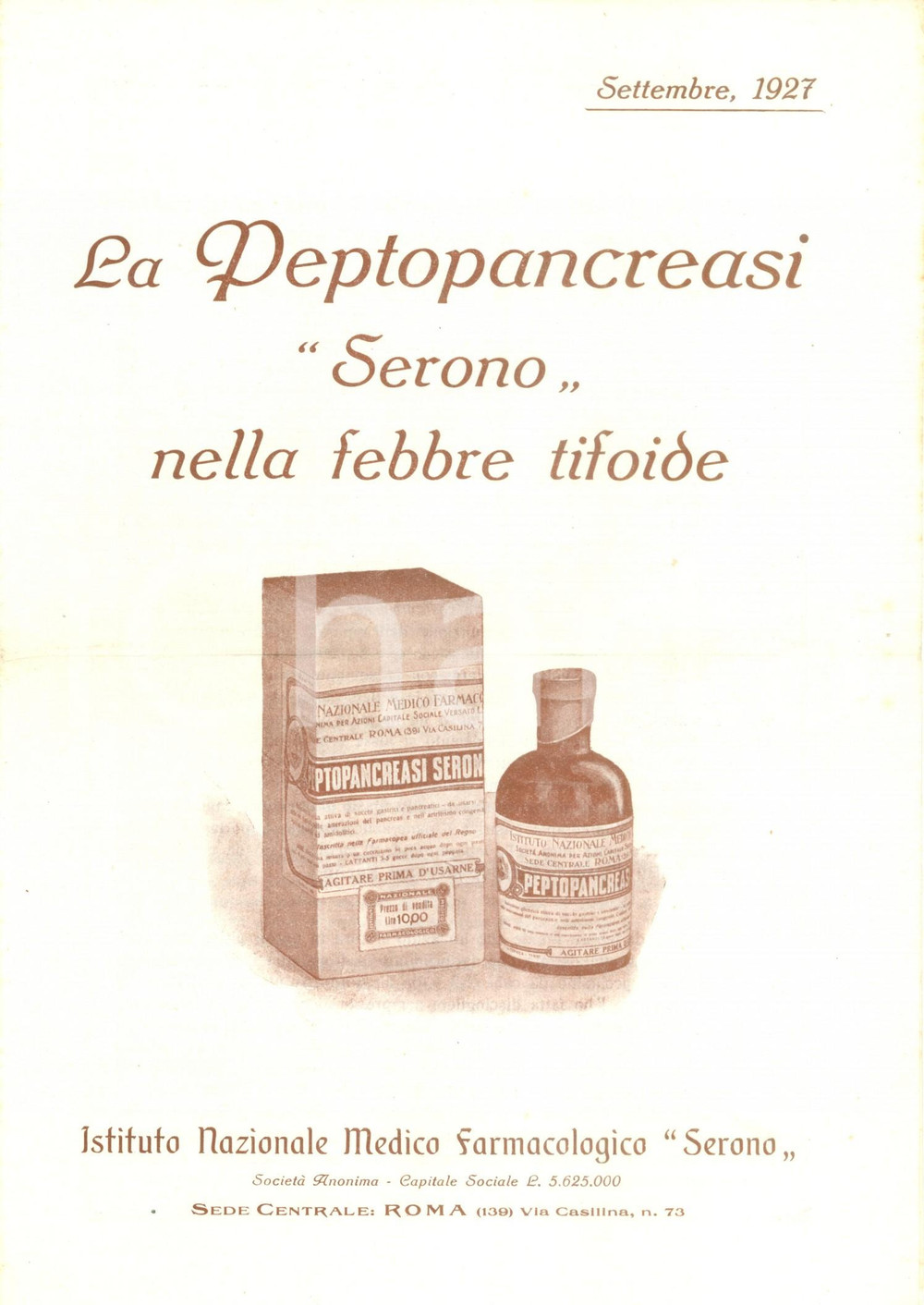 Materiale pubblicitario d’epoca 1927 ROMA Peptopancreasi SERONO nella febbre tifoide Opuscolo ILLUSTRATO 1