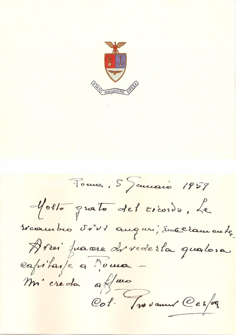 Oggetto da collezione cartaceo 1959 ROMA Stato Maggiore della DIFESA Biglietto augurale 1
