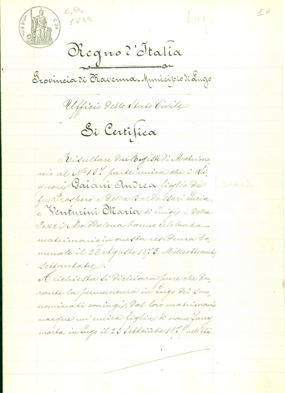 Documento originale, autentico 1900 LUGO RA Andrea GAIANI Maria VENTURINI Certificato di matrimonio Documento 1