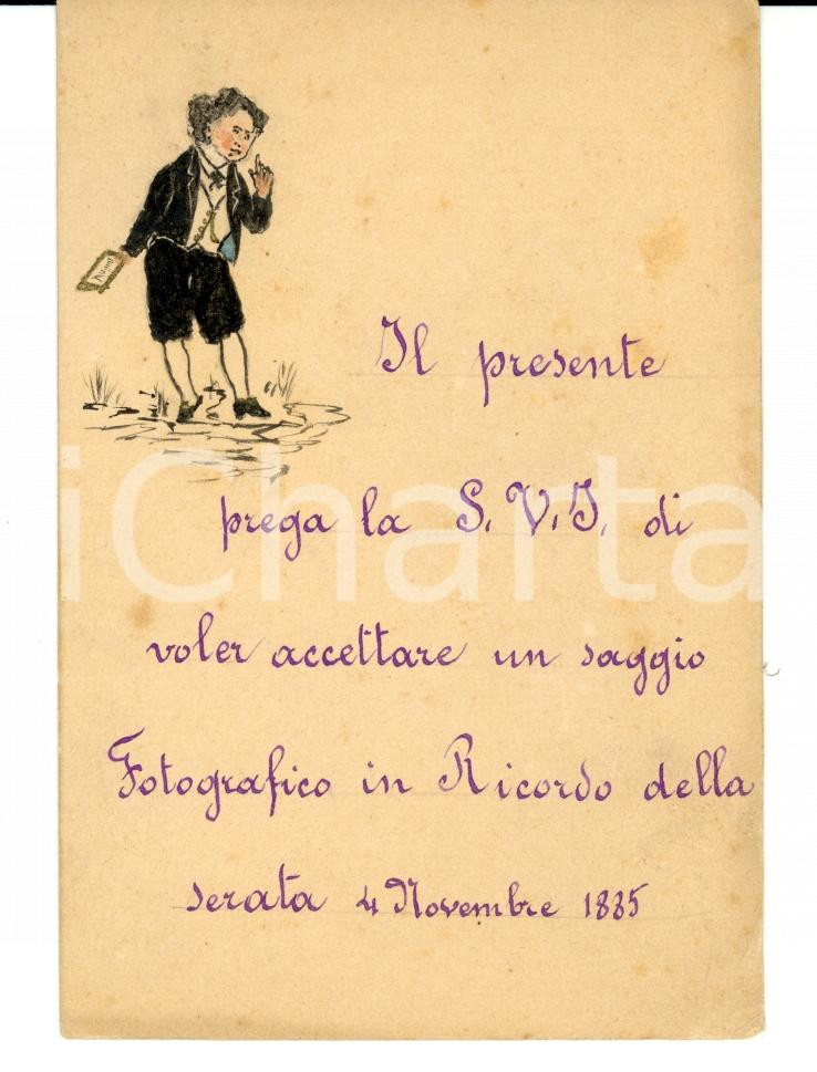 Oggetto da collezione cartaceo 1885 Biglietto con damerino DISEGNATO A MANO in ricordo della serata 8x12 cm 1