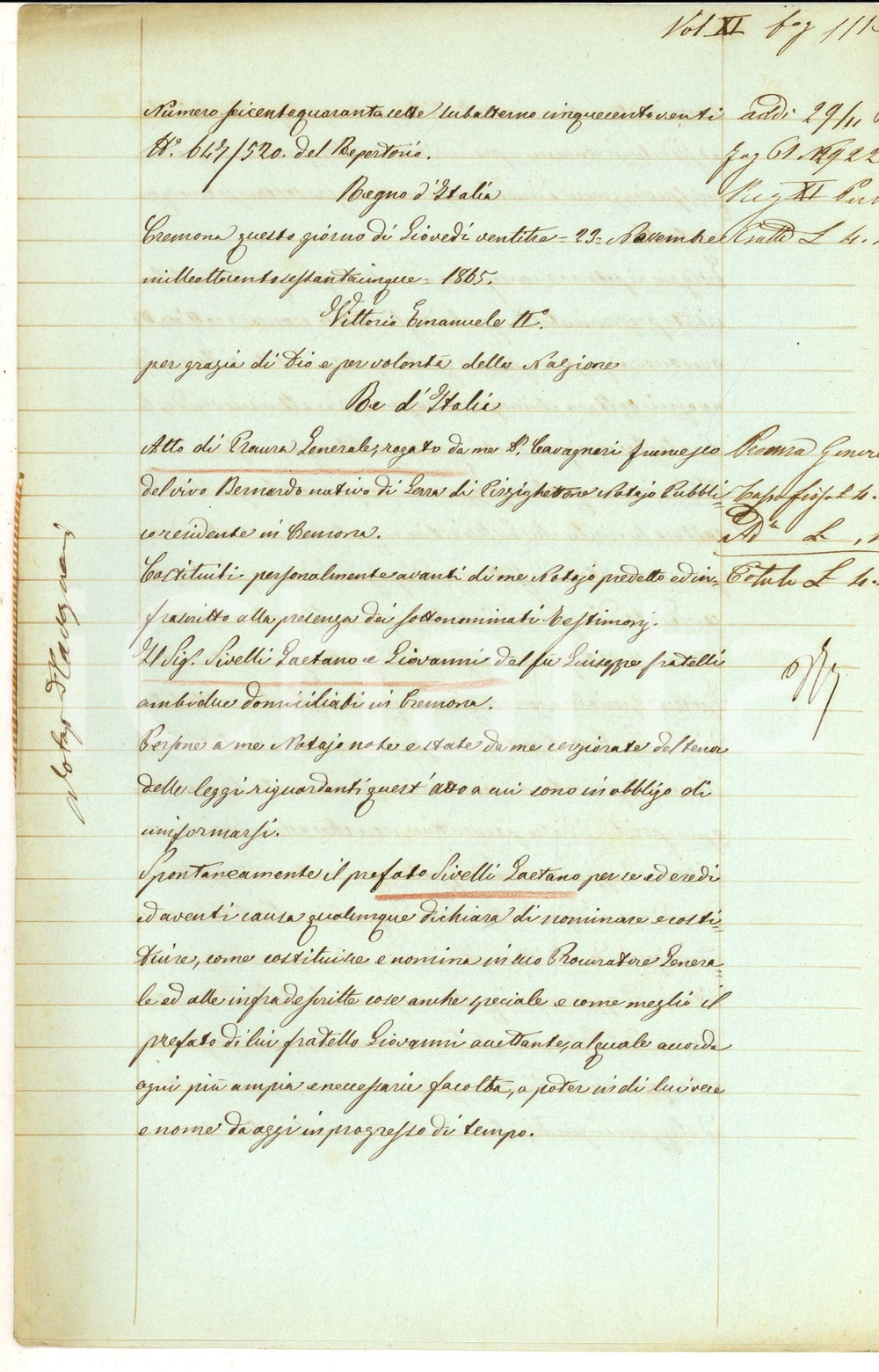 Documento originale, autentico 1865 CREMONA Procura generale Gaetano SIVELLI al fratello Giovanni Manoscritto 1