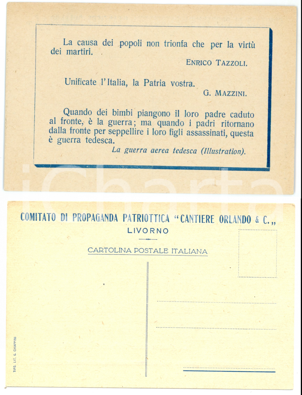 1915 ca WW1 - LIVORNO Cantieri ORLANDO Comitato propaganda patriottica Cartolina  Cartolina d'epoca, non viaggiata.CONDIZIONI: FAIR FORMATO: FP    originale e autentica 1