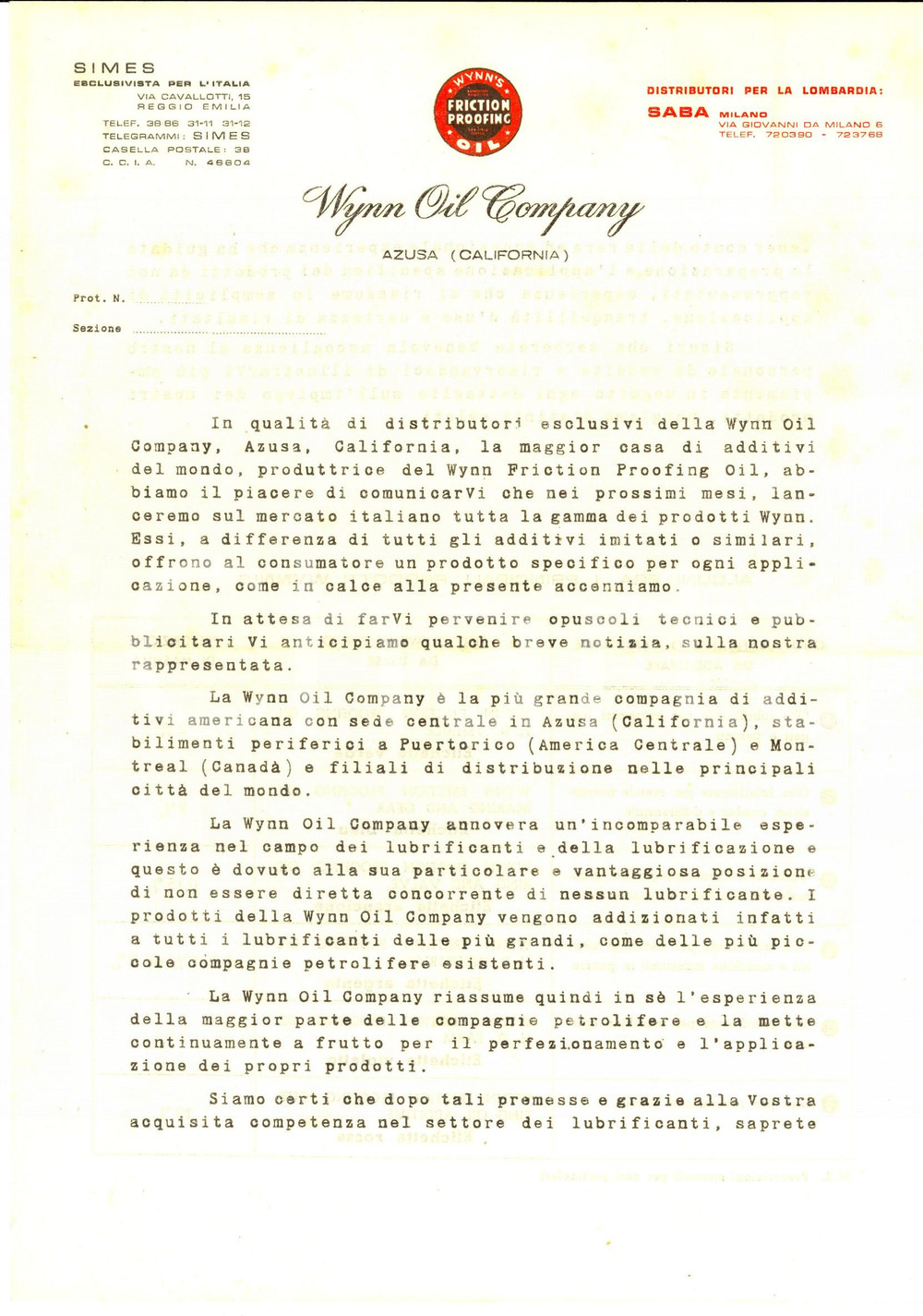 Manoscritto, lettera originale 1960 ca AZUSA USA WYNN OIL COMPANY Additivi  Lettera pubblicitaria 1