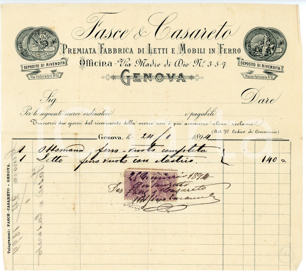 1894 GENOVA - FASCE & CASARETO - Fabbrica di letti e mobili in ferro - Fattura Fattura commerciale d'epoca, manoscritta, su carta intestata.Genova - via Madre di Dio n. 3-5-7.Presenti marche da bollo.CONDIZIONI: F (lievi piegature d'epoca)PAGINE: 1    originale e autentica 1