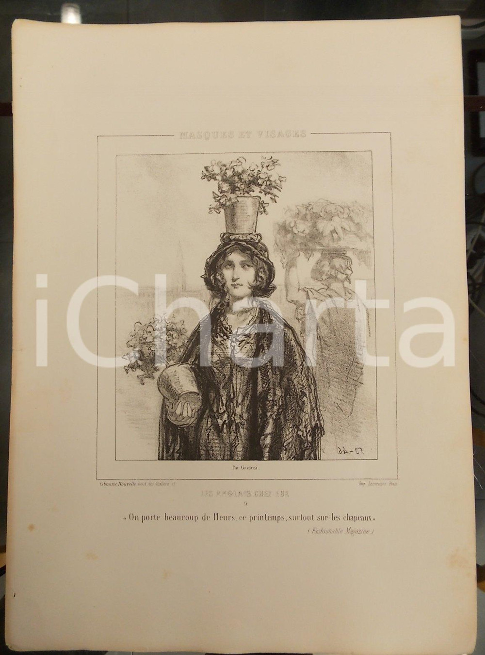 Stampa, bozzetto originale 1853 Paul GAVARNI Masques et visages Les Anglais chez eux Tav.9 Chapeaux à fleur 1