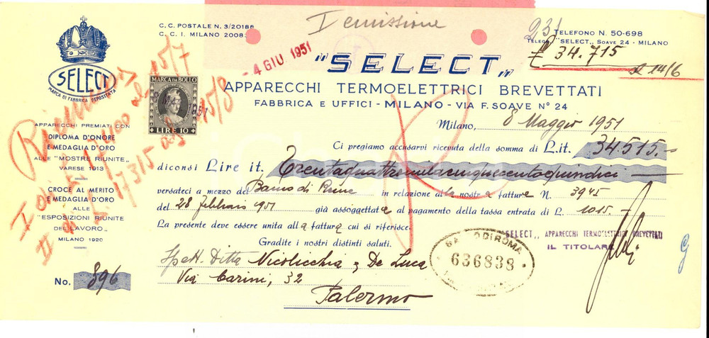 Documento originale, autentico 1951 MILANO Ditta SELECT Apparecchi termoelettrici *Assegno pubblicitario 1