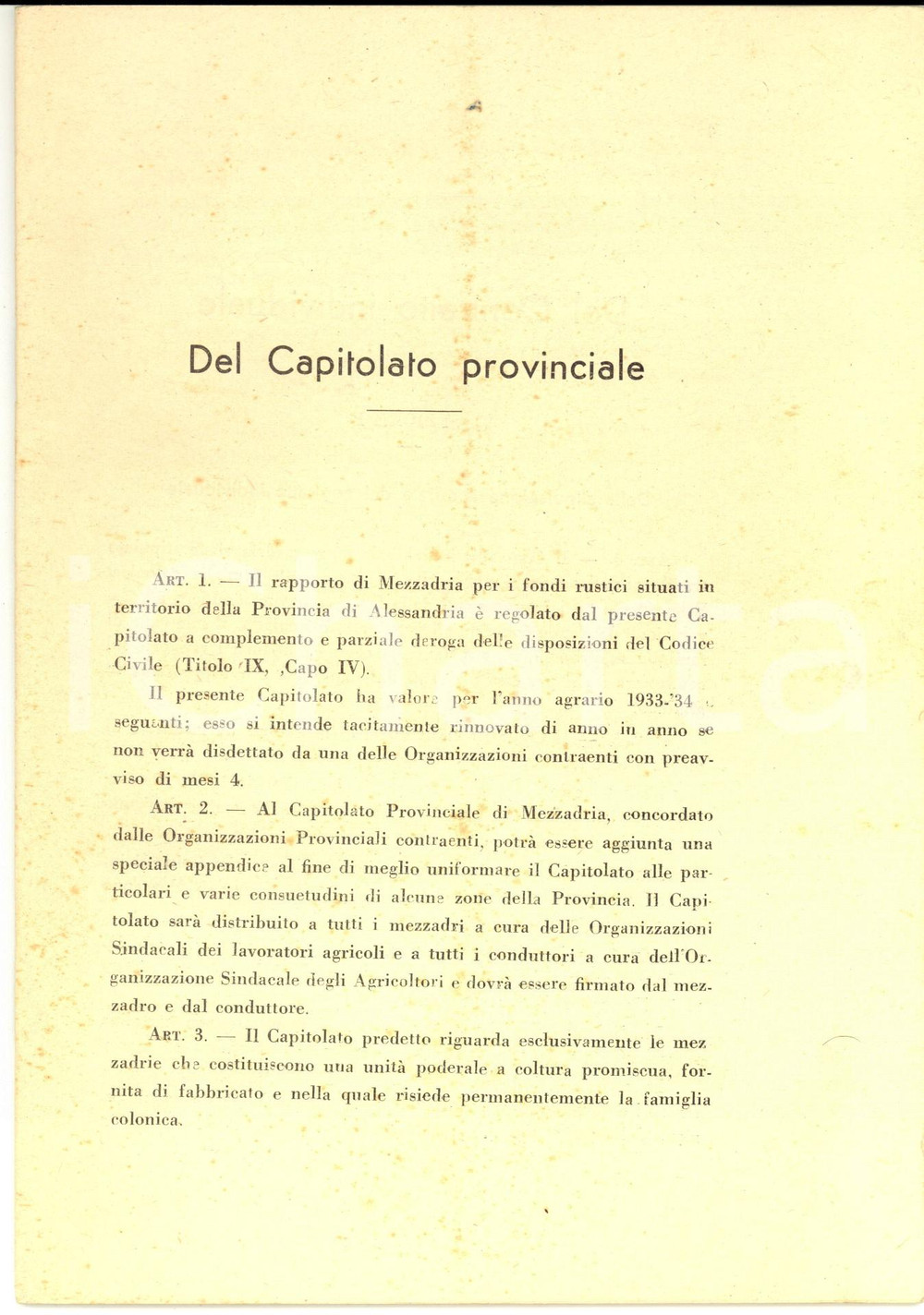 Documento originale, autentico 1933 ALESSANDRIA Capitolato provinciale per la mezzadria sui fondi rustici 1