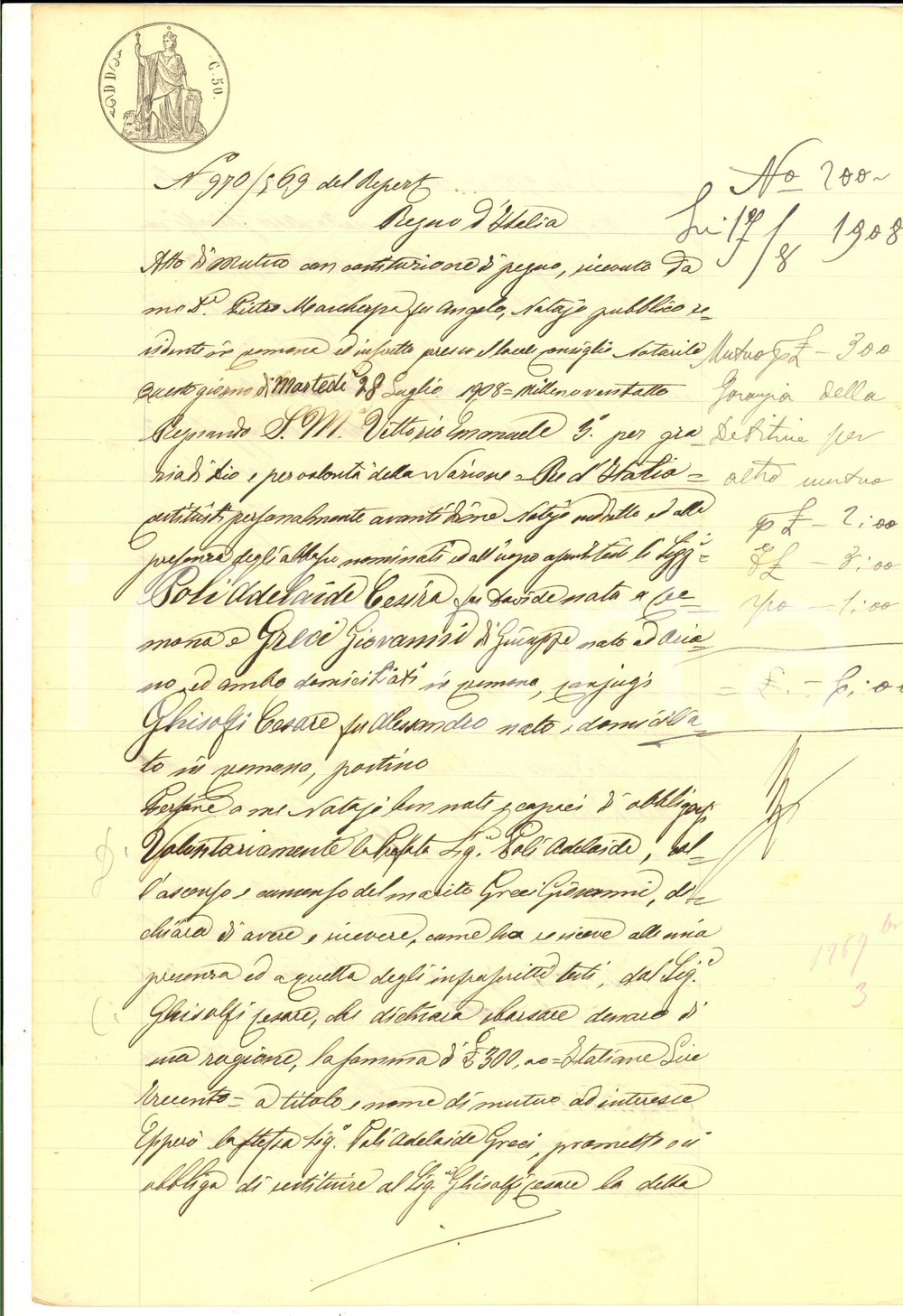 Documento originale, autentico 1908 CREMONA Contratto mutuo con pegno tra Cesare GHISOLFI e Adelaide POLI 1