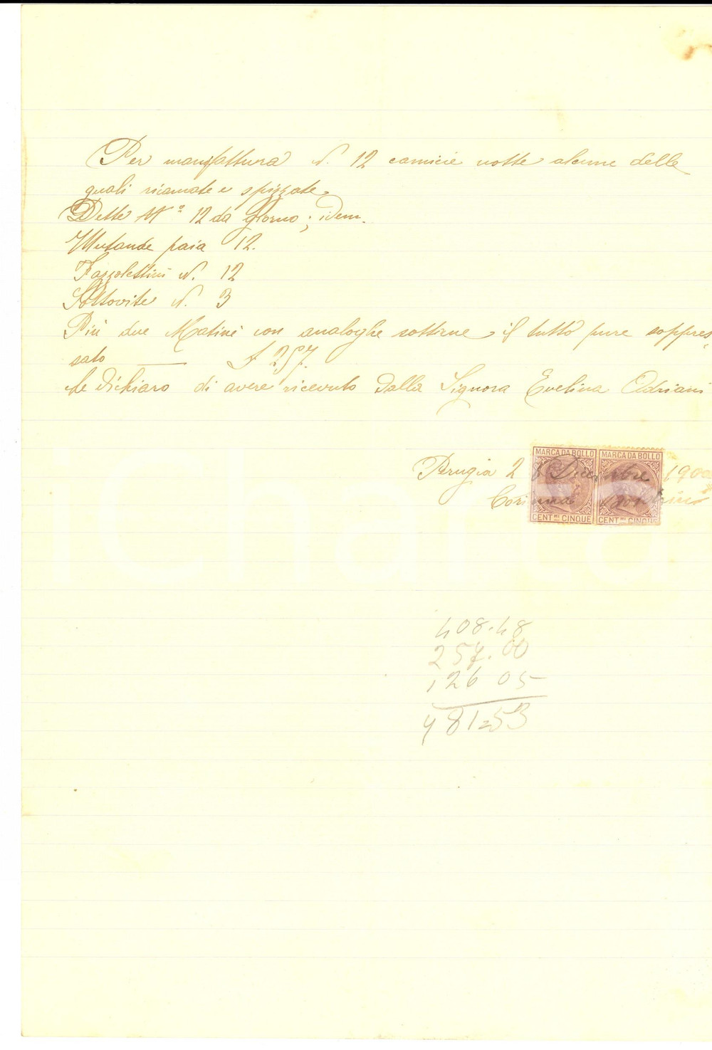 Documento originale, autentico 1900 PERUGIA Conto sarta Corinna BOLDRINI camicie da notte ricamate e spizzate 1