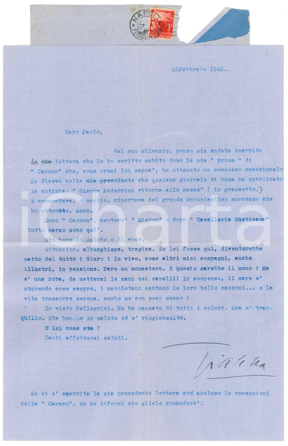 Autografo originale 1946 NAPOLI Soprano Gianna PEDERZINI Sto bene di salute e di voce  AUTOGRAFO 1