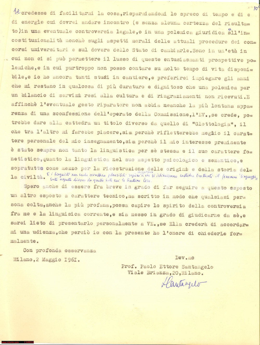 Manoscritto, lettera originale 1961 Protesta cattedra GLOTTOLOGIA Università MESSINA 1
