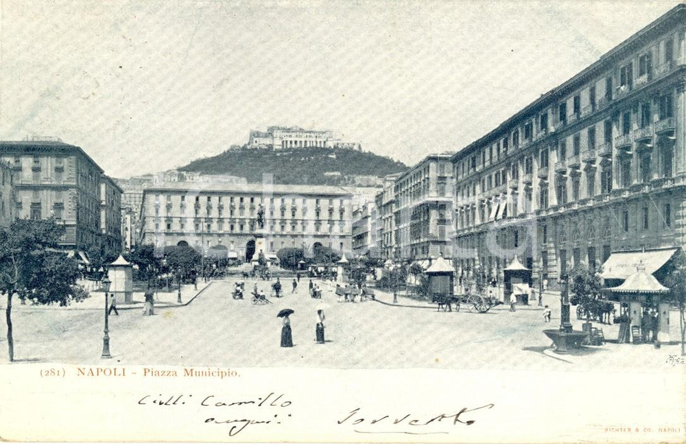 Cartolina originale da collezione 1900 NAPOLI Veduta di Piazza del MUNICIPIO Cartolina postale ANIMATA FP VG 1