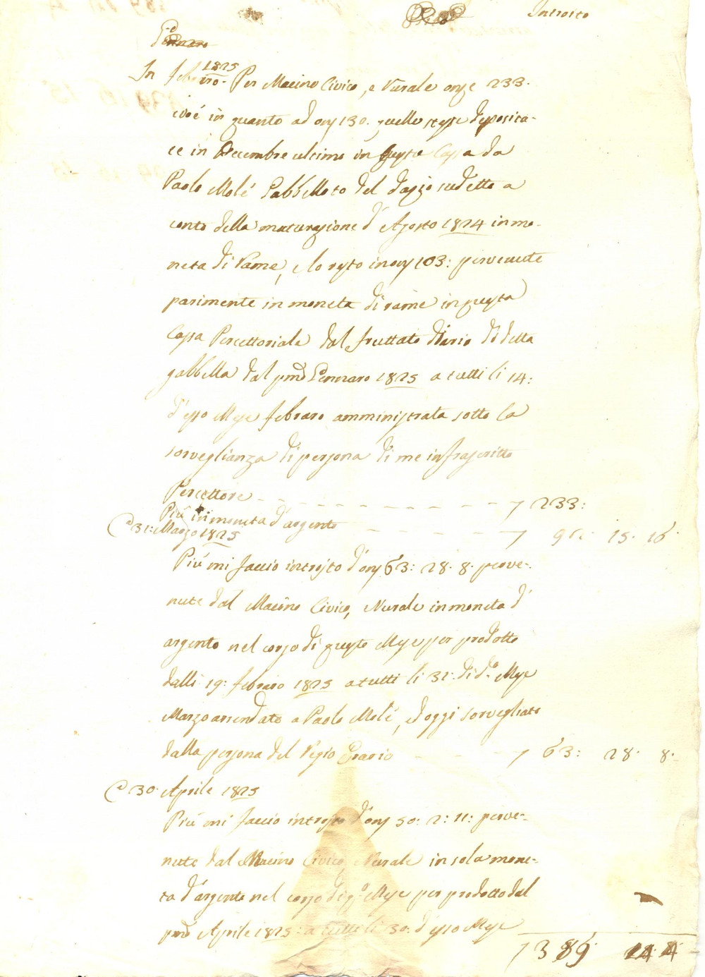 Documento originale, autentico 1825 ACIREALE CT Introito del gabelloto Paolo MOLE  Manoscritto 1
