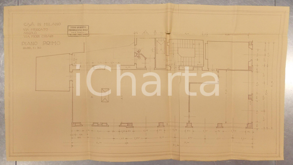 Mappa, planimetria storica 1940 MILANO Architetto BIGI Planimetria piano primo casa civile Via FIORI CHIARI 1