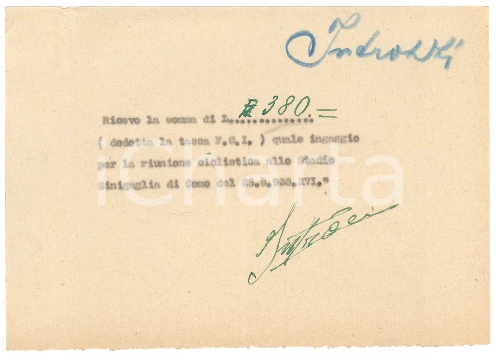 Autografo originale 1938 CICLISMO COMO Ricevuta Augusto INTROZZI  Stadio Sinigaglia AUTOGRAFO 1