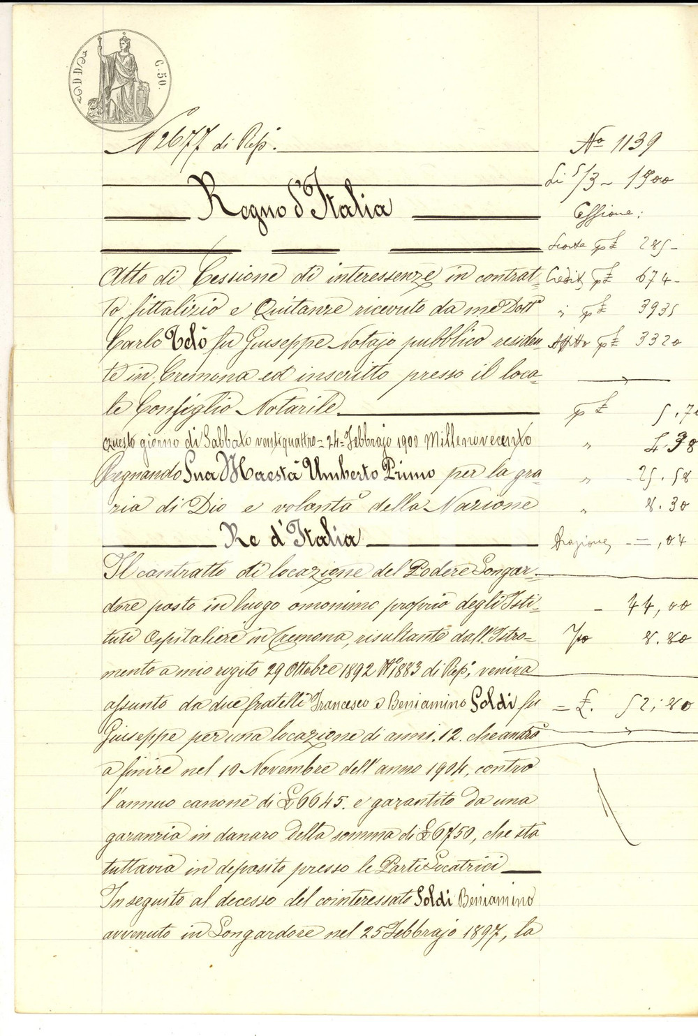 Documento originale, autentico 1900 LONGARDORE Cessione interessenze in contratto eredi Beniamino SOLDI 1