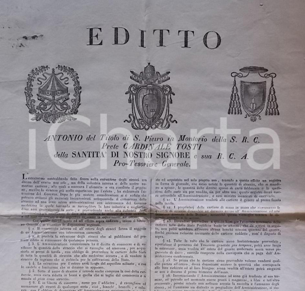 Documento originale, autentico 1839 STATO PONTIFICIO Editto sul commercio dello straccio per carta Manifesto 1
