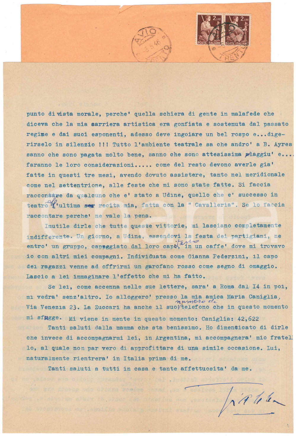 Autografo originale 1946 AVIO Gianna PEDERZINI e la carriera gonfiata dal passato regime AUTOGRAFO 1