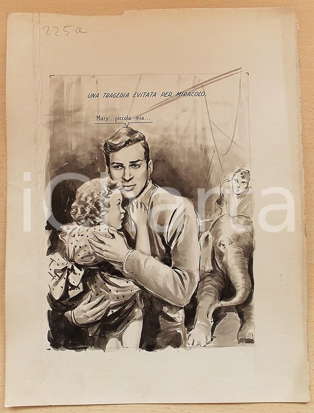 1955 ca BOZZETTO ORIGINALE Bambina salvata dalla furia di un elefante *Ill. CESI