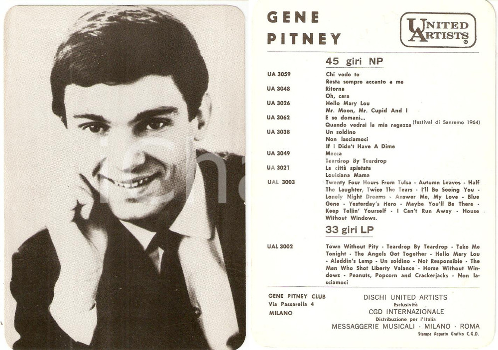 Cartolina originale da collezione 1960 ca MUSICA Gene PITNEY Discografia Foto seriale DISCHI UNITED ARTISTS 1